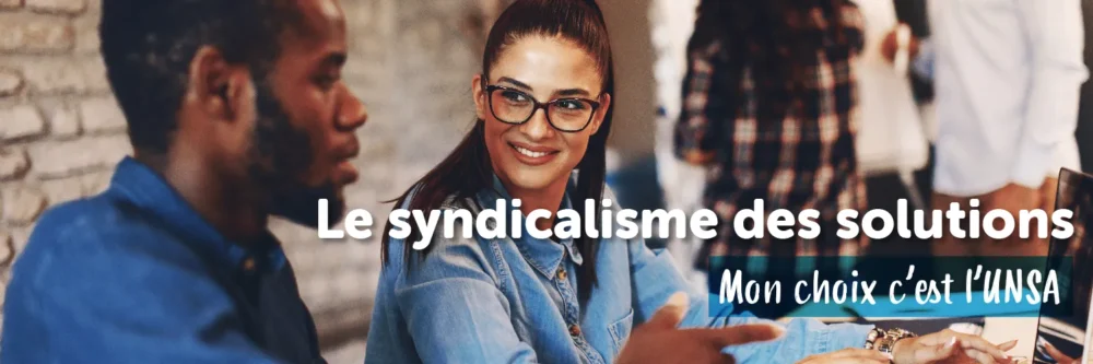 Composition pour slider avec 2 jeunes qui discute et le slogan - Le syndicalisme des solutions. Moi Choix c'est l'UNSA -